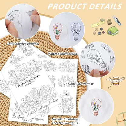 Water Soluble Stabilizer Embroidery Pattern - Bible Flower Stick & Stitch Embroidery Paper Wash Away, Wildflower Hand Sewing Patterns for T-Shirt Bag Towel (4 Sheets) - style: Flower974