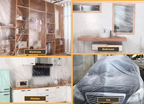 Muf 2 x 65 Feet Plastic Drop Cloth Plastic Sheeting with Masking Tape,Waterproof Protective Masking Film,Prevent Dust Paint for Car,Furniture,Carpet,Floor,2 Pack - size: 2 × 65 feet
