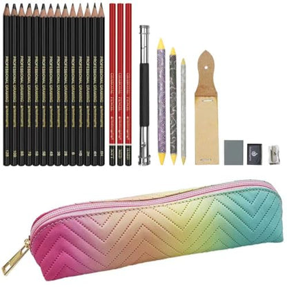Heshengping 26 Pack Sketching Set Drawing Pencils Kit Art Supplies Include Graphite Charcoal Professional Pencils Set Cute Portable case for Artists Adults Beginners Artist - style: Multicolor | 26 Pack