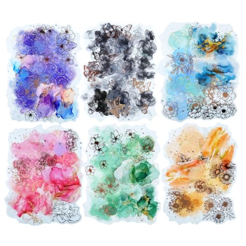 60 Pcs Gold Foil Watercolor Floral PET Stickers for Scrapbooking | Soft color washes with floral line art and butterflies; pre-cut, transparent and water-resistant for journals and collages - color: Starlight Bloom