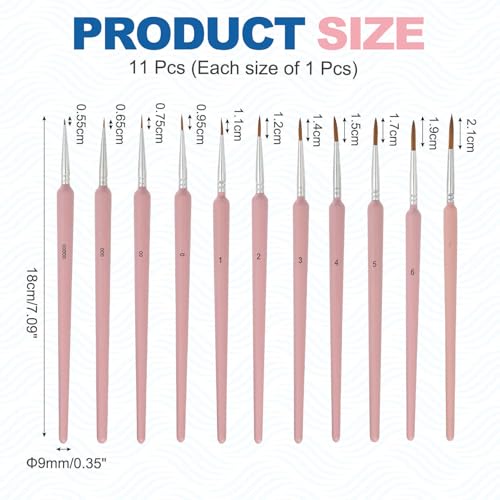 MECCANIXITY 11 Pcs Detail Paint Brushes Set, 5.5mm-21mm Fine Pointed Tip Miniature Paint Brushes for Acrylic Painting Oil Watercolor(00000/000/00/0/1/2/3/4/5/6/7), Pink - color: Pink