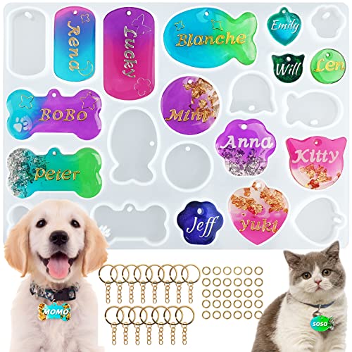 Actvty Pet Tag Resin Mold Silicone, Dog Tag Molds for Resin, Dog Bone Cat Shaped Keychain Silicone Resin Molds with 15Pcs Keychains DIY Crafts Making Tag Charm Pendant - color: Pet Tag Mold