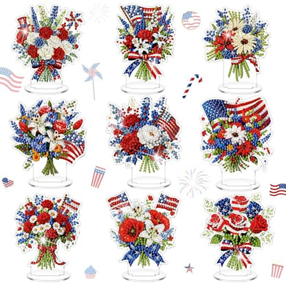 Kosiz 9 Pcs Patriotic Diamond Painting Tabletop Decor 250th Anniversary 4th of July Diamond Art Kits for Adult Double Sided Acrylic Red White Blue Centerpiece for Table DIY Craft Veterans Day Gift - style: Patriotic