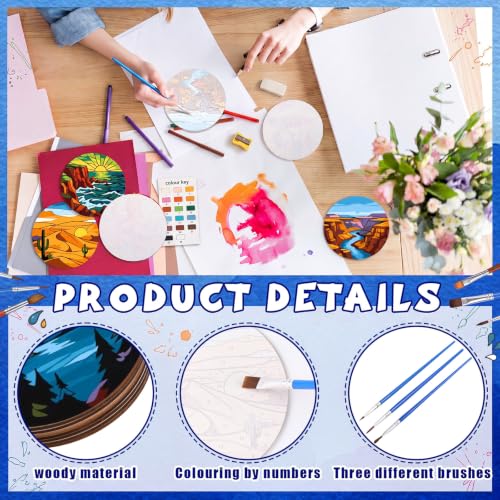 Reallnaive 8 Pcs Mountain Paint by Numbers Kit for Adults Wooden Coasters | Mini Landscape Paint by Numbers, Tiny Sunrise River Round Oil Painting Drink Coaster with Holder, for Small DIY Craft Gift - style: Mountains