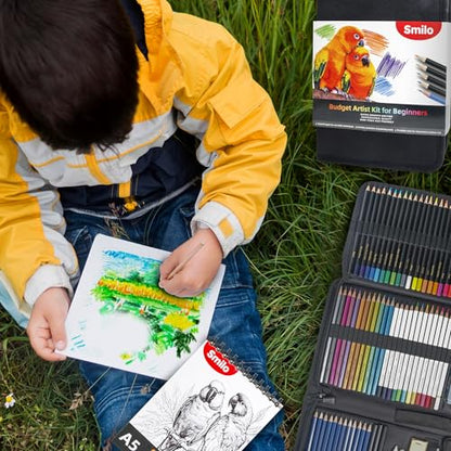 Smilo 76-Piece Art Supplies Sketching Kit with Sketchbook and Travel Case | Graphite Charcoal Watercolor Metallic and Woodless Pencils, Art Knife, Sandpaper Block, Drawing Set for Adults and Beginners - style: 76pcs Art Supplies