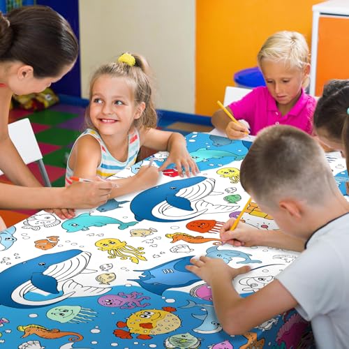 Giant Under The Sea Party Coloring Tablecloth for Kids - Huge Ocean Animals Theme Table Cover Large Under The Sea Shark Painting Poster for Children Birthday Party Supplies 54x108 Inch - color: Ocean