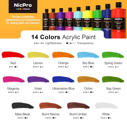 Nicpro 14 Colors Large Bulk Acrylic Paint Set (16.9 oz,500 ml) and White Gesso Primer for Acrylic Painting(28.2 Oz / 513ML)
