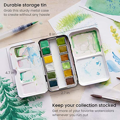 ARTEZA Watercolor Paint Set, 12 Earth Tone Half Pans with Water Brush - color: Earth Tones