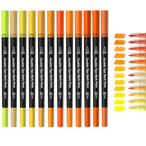 Orange & Yellow Double Tip Brush Pens Art Markers,12 Colored Artist Fine Brush Pen Coloring Markers for Adult Drawing Art Craft Kit - color: Orange