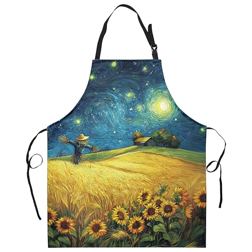 Fall Aprons Golden Sunflower Wheat Field Under Van Gogh Starry Night Apron with Pockets Adjustable Strap Autumn Kitchen Chef Apron Art Apron for Painting Crafting Cooking Barbecue Sewing - color: Fall Starry Night