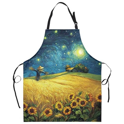 Fall Aprons Golden Sunflower Wheat Field Under Van Gogh Starry Night Apron with Pockets Adjustable Strap Autumn Kitchen Chef Apron Art Apron for Painting Crafting Cooking Barbecue Sewing - color: Fall Starry Night