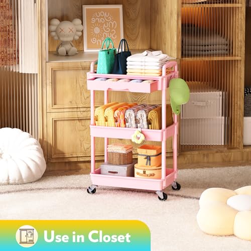 SUNALLY Makeup Cart Organizer with Drawer, 3 Tier Rolling Makeup Cart, Pink - color: Pink, size: 3 Tier