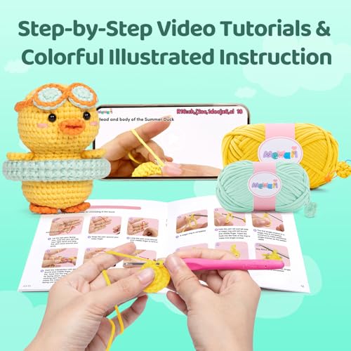 Mewaii Summer Duck Crochet Kit for Beginners, 40% Extra Yarn - color: Blue and Yellow
