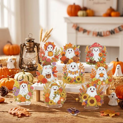 Kosiz 9 Pcs Fall Ghost Diamond Painting Tabletop Decorations Halloween Diamond Art Kits for Adults Double Sided Acrylic Flower Ghost Table Centerpieces Sign for Desktop Beginner DIY Crafts Party Gifts - style: Ghost