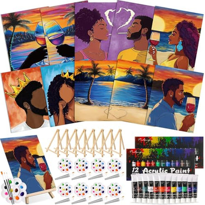 Ctosree 72 Pcs Lovely Couple Paint and Sip Kit for Adults 8'' x 10'' Pre Drawn Canvas for Painting DIY Pre Printed Canvas for Party Favor Afro Acrylic Painting Kit Wood Easel Brushes Date Night Bulk - style: Lovely Couple