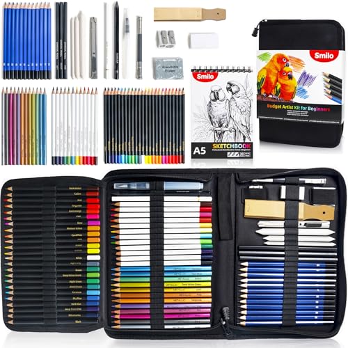 Smilo 76-Piece Art Supplies Sketching Kit with Sketchbook and Travel Case | Graphite Charcoal Watercolor Metallic and Woodless Pencils, Art Knife, Sandpaper Block, Drawing Set for Adults and Beginners - style: 76pcs Art Supplies