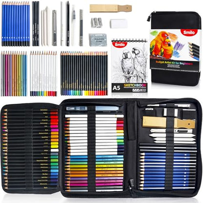 Smilo 76-Piece Art Supplies Sketching Kit with Sketchbook and Travel Case | Graphite Charcoal Watercolor Metallic and Woodless Pencils, Art Knife, Sandpaper Block, Drawing Set for Adults and Beginners - style: 76pcs Art Supplies