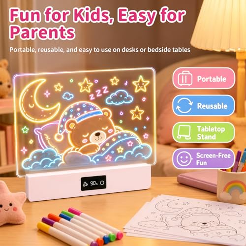 OUTON Rechargeable LED Drawing Board for Kids, 16" Glow Doodle LED Note Board with 8 Colors, 3 Light Effects, Reusable Neon Light Up Drawing Tablet Gift for Girls and Boys with Battery Display, Pink - color: Pink