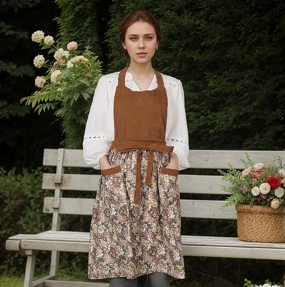 Cute Floral Apron for Women with Pockets, Cotton, Adjustable Straps - color: Brown