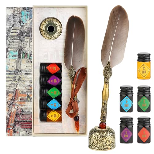 Feather Glass Dip Pen and Ink Set, Glass Calligraphy Pen with 5 Colors Ink and Pen Holder for Writing Drawing– MU-21
