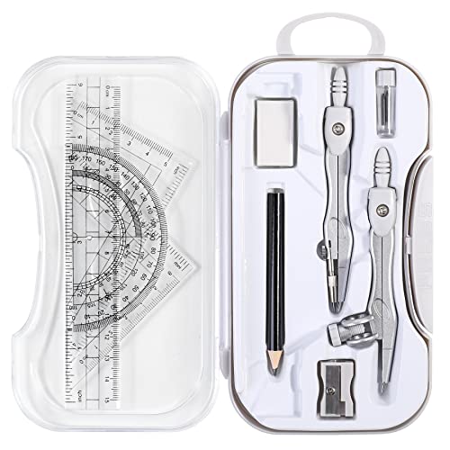 Vobou 10 pcs Math Geometry Set Student Supplies,Compass Kit Set (Grey） | Shatterproof Storage Box,Rulers,Protractor,Compass,Eraser,Pencil Sharpener,Lead Refills,Pencil,for School and Drawing - color: White