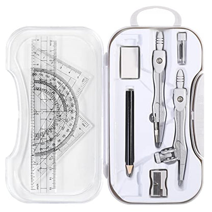 Vobou 10 pcs Math Geometry Set Student Supplies,Compass Kit Set (Grey） | Shatterproof Storage Box,Rulers,Protractor,Compass,Eraser,Pencil Sharpener,Lead Refills,Pencil,for School and Drawing - color: White