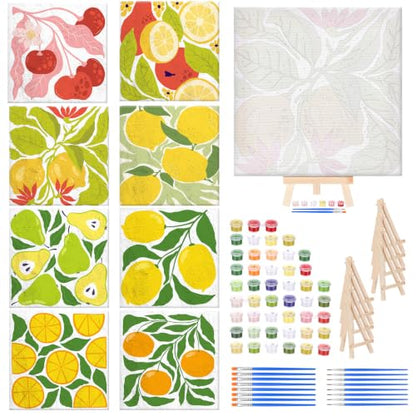 RoundFunny 8 Set Paint by Numbers Drawing Kit for Adults,Summer Fruit | 8x8 in. Mini Simple Painting Canvas Wooden Frame Easel Acrylic Paint Brush Funny Number Drawing Kit for Gift Wall Home Decor - style: Summer Fruit