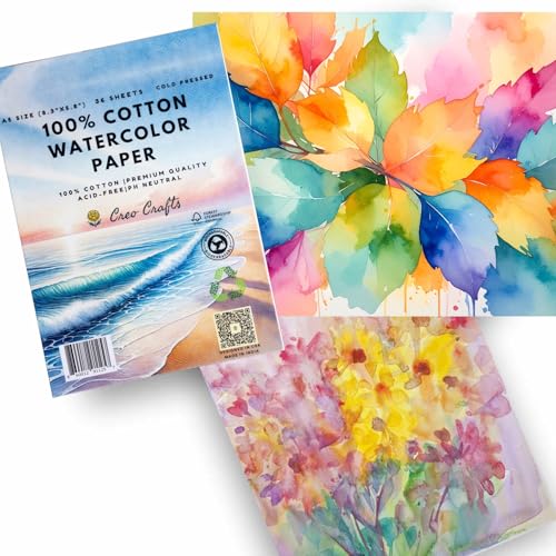 Creo Crafts 100% Cotton Watercolor Paper A5 (5.8 x 8.3 in) - 36 Sheets, 250 GSM Cold Pressed, Gelatin Sized, Acid-Free Natural White Artist Paper for Watercolour & Gouache - size: A5