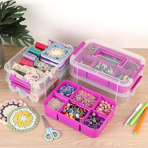 JUXYES 4-Tiers Plastic Stack Carry Storage Containers Box wih Handle Lids - color: Purple
