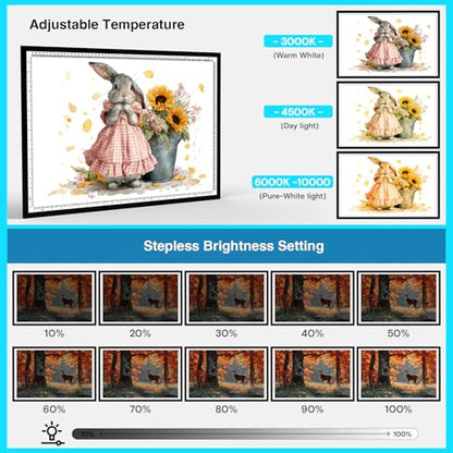 DEAR CARBON A2 Light Pad,LED Light Board for Diamond Painting,Tracing | 9000 Lux Bright Light,10 Brightness Levels,Independent Anti-Touch Controller,Ultra Thin Design,USB-C Connection - size: A2 3-Color