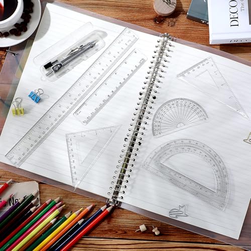 Zonon 7‑Piece Geometry Set with Drawing Compass, 6 & 4 Inch Protractors, Triangle Rulers and Straight Rulers, Transparent Math Drafting Supplies for Back to School, Students and Office Use(Clear) - color: Clear