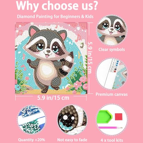 4 PCS Animal Diamond Art Painting Kits for Kids Ages 4-8-12 (6x6 inch) | Sloth Alpaca Raccoon Diamond Art for Kids Ages 4-8-12, Gem Painting Kit Crafts Beginners for Gift Home Wall Decor - color: 4Pcs-CC122+CC396+CC397+CC398