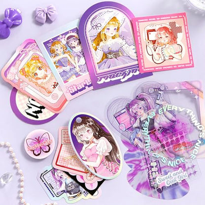 Auguro Scrapbook kit for Girls A6 Grid Kawaii notebooks Stationery Junk Journal Kit Scrapbooking Supplies kit Craft DIY Gift for Adult Teen Girl Cute Bullet Journal - color: purple