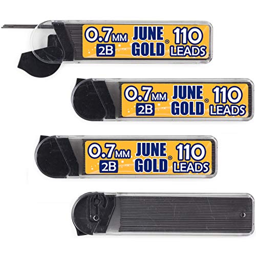 June Gold 0.7 mm, 440 Lead Refills, 2B, 4 Dispensers/w 110 Pieces Each | Medium Thickness, Break Resistant Graphite, Elegant Dispensing Mechanism - color: 2b Graphite, style: 0.7 mm