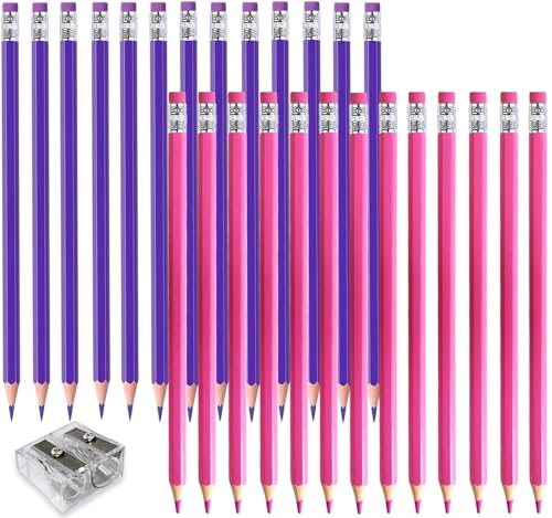 Adhere 25pcs Checking Pencils Erasable colored Pencils Pre-Sharpened #2 HB,for Checking Tests Grading,Map Coloring, editing Office Favors,including a Free sharpener. (Pink 13pcs + Purple 12pcs) - color: Pink 13pcs + Purple 12pcs