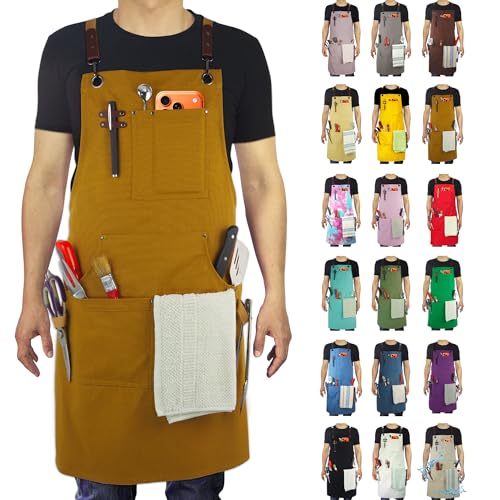 Kitchen Apron, Work Apron, Canvas Apron, Khaki | Multiple Pockets, Gardening, Painting, BBQ, Artist, Carpenter, Sizes M to XXL - color: Khaki