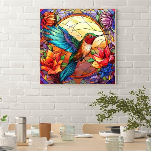 Hummingbird Diamond Painting Kits for Adults - Stained Glass Diamond Art Kits for Adults Beginner, DIY Full Drill Diamond Dots Paintings with Diamonds 5D Gem Art and Crafts Home Wall Decor 14x14inch - color: Stained Glass Hummingbird