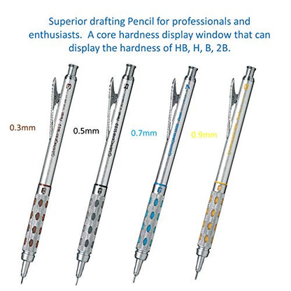 Four Graphgear 1000 Mechanical Pencil Set- 0. 3mm, 0. 5mm, 0. 7mm & 0. 9mm / Four Rerill Leads/Pen-type Triangle Eraser/Pencase, Silver