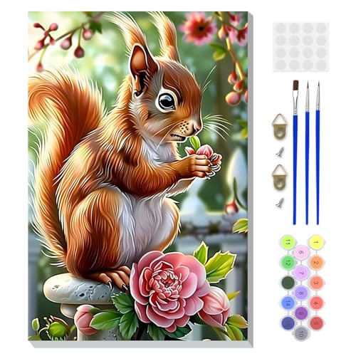 DOMROM Framed Paint by Numbers Kit for Adults, Squirrel DIY Paint by Number Kits on Canvas, Easy Animal Painting by Numbers for Home Wall Decor Gift 8x12 Inch - color: PK039