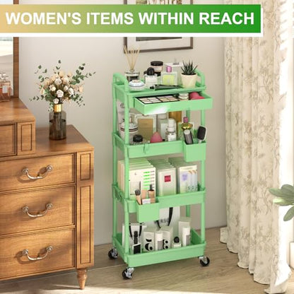 Goovilla 4 Tier Rolling Utility Cart Organizer with Removable Drawer, Green | Stable and Sturdy Rolling Storage Carts with 2 Lockable Wheels for Bathroom, Kitchen, Snack, Craft, Makeup, Baby Essentials - size: 4 Tier, style: Green