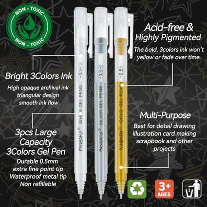 PANDAFLY Gold Silver White Gel Pens, 3-Pack, 0.5mm Fine Point | 3 Colors Archival Ink Pens for Highlights, Black Paper Drawing, Sketching, Illustration, Card Making, Bullet Journaling - style: Gold Silver White-0.5mm