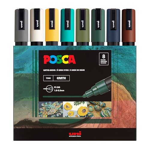 POSCA® PC-5M Paint Markers, 8 Count Earth Tone Medium Reversible Tip Set | Tip size 1.8–2.5 mm, Water-Based Opaque Paint Pens for Rock Painting, Wood, Glass, Crafts & Art Projects - color: Earth