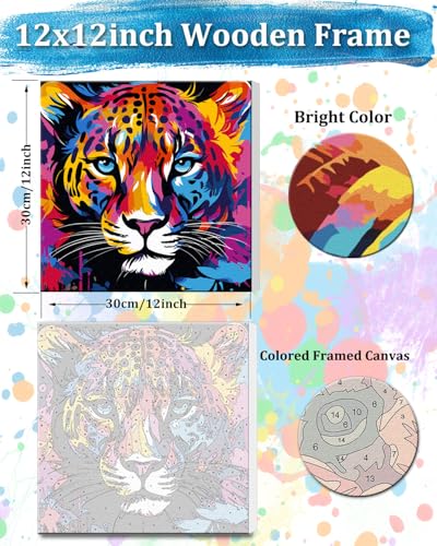TOCARE Framed Paint by Numbers Kit for Adults & Kids Ages 8-12, 12x12Inch Colorful Leopard Paint by Numbers with Frame, Leopard Paint by Number Framed Canvas for Animal Lovers (Without Easel) - color: TC-F-370