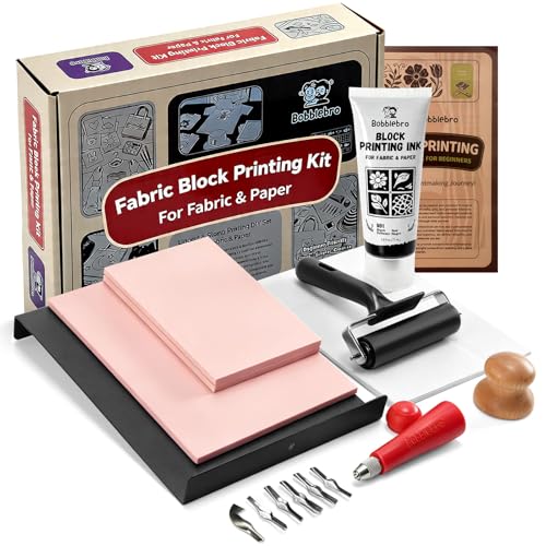 Bobblebro Linocut Kit for Printmaking, Fabric Block Printing Kit with Ink | Stamp Making Kit, Linoleum Blocks, 2.6 oz Fabric Ink for Fabric & Paper, Carving Tools, Adult DIY Art, Back To School Gift - color: Beige-linocut kit