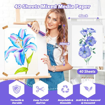 Mixed Media Paper 9" x 12",40 Sheets Multipurpose White Loose Drawing Paper | 98 lb/160 gsm Heavyweight Art Paper for Sketching, Sketch Book, Gouache, Painting, Sketchbook, Drawing Pad Book, School - size: 9" x 12", 40 sheets, style: loose mixed media dra