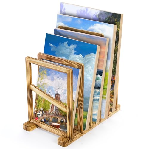 Frcctre Wooden Art Storage Rack, 5 Sections Small Art Drying Rack Art Canvas Boards Storage Stand, Wood Storage Stand for Drawing Board Printed Matters, Paper Pads for Art Studios, Artworks, Gallery