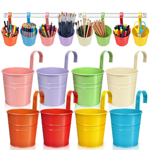 Vowcarol 8 Pack Metal Pencil Holder Crayon Organizer for Classroom with Hanging Rack for Wall, Crayon Holder Hanging Art Storage Buckets for Classroom