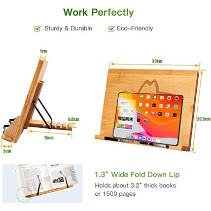 wishacc Book Stand XL-Large Size 15.4" x 11.0" Main Board-Adjustable Foldable Book Holder with Page Holder Clips - Holds Cookbooks, Receipe Books, Textbooks, Tablets, Laptops, Music Books, Documents - size: 15.4 x 11 inches