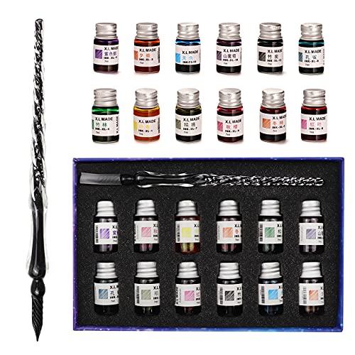 Glass Pen Set Calligraphy Dip Pens,12 Colorful Inks,Caligraphy Sets for Art, Writing, Signature, Decoration, Gift - color: Black