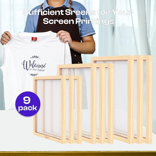 Caydo 9 Pieces Screen Printing Frame with 110 White Mesh, 3 Sizes Screen-Printed Wooden Frame for Handicraft Beginners, 10 x 14 Inch, 8 x 12 Inch, 6 x 10 Inch